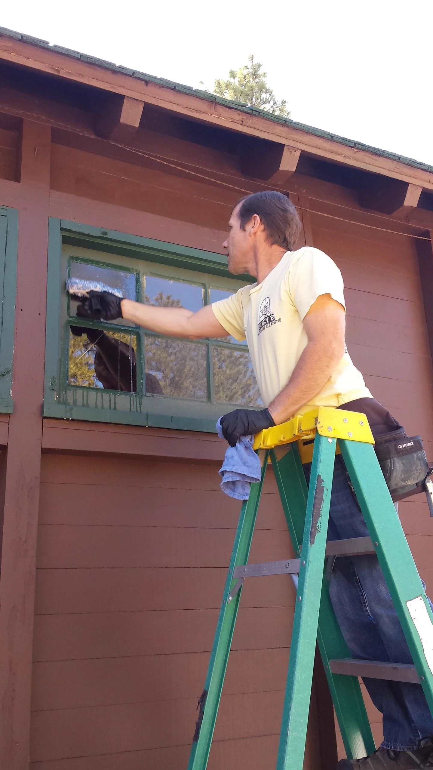 Exterior glass cleaned from a step ladder.